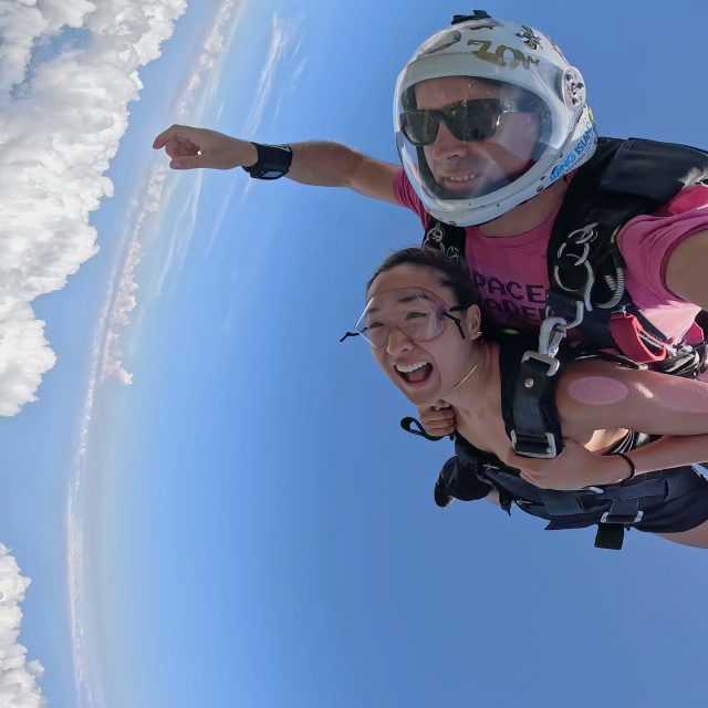 Skydiving above the New York coast.